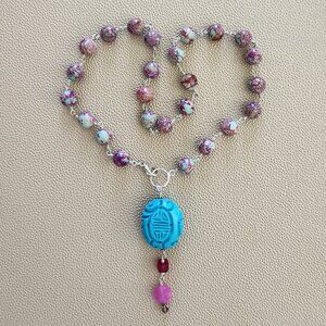 PURPLE SEA SEDIMENT JASPER WITH CARVED BEAD-NECKLACE-18"